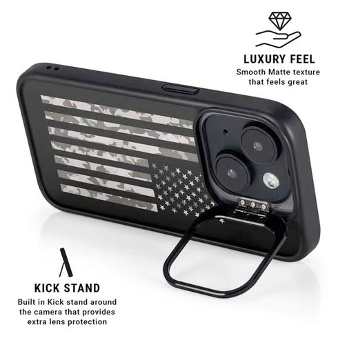 Black and White Camo American Flag iPhone 14 Kickstand Case